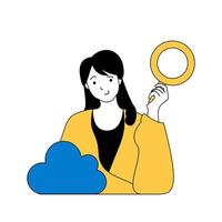Cloud computing concept with cartoon people in flat design for web. Woman with magnifier searching data and files in online storage. Vector illustration for social media banner, marketing material.