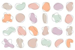 Abstract bubble shapes mega set in flat cartoon design. Bundle elements of wavy liquid templates, organic blobs or irregular round blots with line borders. Vector illustration isolated graphic objects