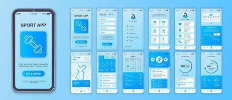 Fitness mobile app interface screens template set. Account login, activity information, trainings list, weight, route map, graphs. Pack of UI, UX, GUI kit for application web layout. Vector design.