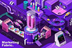 Marketing web concept in 3d isometric design. Business analytics, seo service, online promotion strategy. Abstract fabric production line in isometry graphic for corporate poster. Vector illustration.