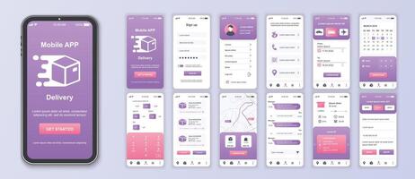 Delivery mobile app interface screens template set. Online account, logistic service, calendar, parcel calculate, tracking order. Pack of UI, UX, GUI kit for application web layout. Vector design.