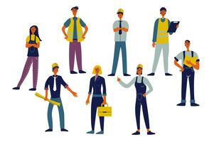 ingenieros personas conjunto en plano personaje diseño para web. haz personas de diferente mujer y hombres trabajo como constructores, arquitectos y contratistas en trabajo uniforme con planos vector ilustración.