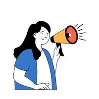 Social media concept with cartoon people in flat design for web. Woman with megaphone makes advertising announcement to audience. Vector illustration for social media banner, marketing material.