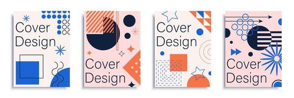 Geometric cover brochure set in flat design. Poster templates with abstract simple minimal forms of squares, circles, stars, arrows, dots and halftone prints, curves and lines. Vector illustration.