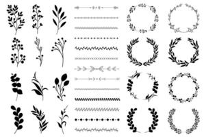 Flowers, vignettes and wreaths mega set in flat cartoon design. Bundle elements of black graphic twigs or branches, laurel wreaths, botanical borders. Vector illustration isolated graphic objects