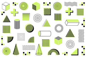 Geometric shapes mega set in flat cartoon design. Bundle elements of halftone Memphis style of cubes, circles, cross, square, triangle, cylinder, other. Vector illustration isolated graphic objects