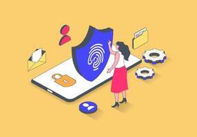 Cyber security concept in 3d isometric design. Woman scanning fingerprint for secure access and authentication, internet data protection. Vector illustration with isometry people scene for web graphic