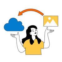 Cloud computing concept with cartoon people in flat design for web. Woman making files backup and transfering images to online storage. Vector illustration for social media banner, marketing material.