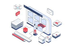 Electronic organization files concept in 3d isometric design. Man organizing files in folders on screen, share and downloading documents. Vector illustration with isometry people scene for web graphic