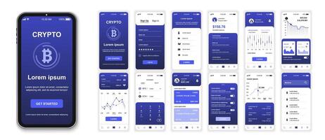 Crypto mobile app interface screens template set. Online account, financial analysis, earnings chart, currency exchange platform. Pack of UI, UX, GUI kit for application web layout. Vector design.