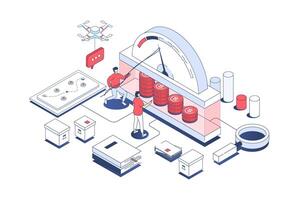 Crisis management concept in 3d isometric design. Manager team analyzing speedometer data, finding recovery solution, solving problems. Vector illustration with isometry people scene for web graphic