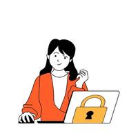 ciber seguridad concepto con dibujos animados personas en plano diseño para web. mujer utilizando antivirus y Internet seguridad sistema a ordenador portátil. vector ilustración para social medios de comunicación bandera, márketing material.