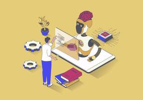 Artificial intelligence concept in 3d isometric design. Man working with digital brain, Machine learning and robot thinking process. Vector illustration with isometry people scene for web graphic