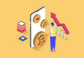 Cryptocurrency concept in 3d isometric design. Man buying crypto coins, investing money in bitcoins, increases income at profit graph. Vector illustration with isometry people scene for web graphic