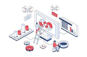 DevOps concept in 3d isometric design. Developer team working in agile processes and programming automations for creating products. Vector illustration with isometry people scene for web graphic