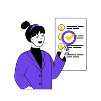 Online voting concept with cartoon people in flat design for web. Woman searching political ballot list and choosing with checkbox. Vector illustration for social media banner, marketing material.