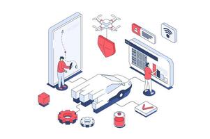 Smart car concept in 3d isometric design. Men managing electric car at mobile phone app, creating routes in online navigation map. Vector illustration with isometry people scene for web graphic