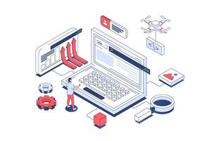 Programming concept in 3d isometric design. Developer coding and working with software development, creating and releasing new products. Vector illustration with isometry people scene for web graphic