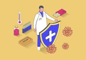 Stop coronavirus concept in 3d isometric design. Doctor with shield protects health from virus, makes vaccination and flu prevention. Vector illustration with isometry people scene for web graphic