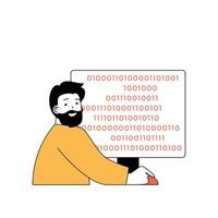 Programming concept with cartoon people in flat design for web. Man creating product code, searching and fixing bugs before release. Vector illustration for social media banner, marketing material.