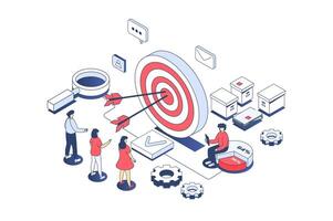 Target audience concept in 3d isometric design. Business team studying customer focus group, creating advertising for attract clients. Vector illustration with isometry people scene for web graphic