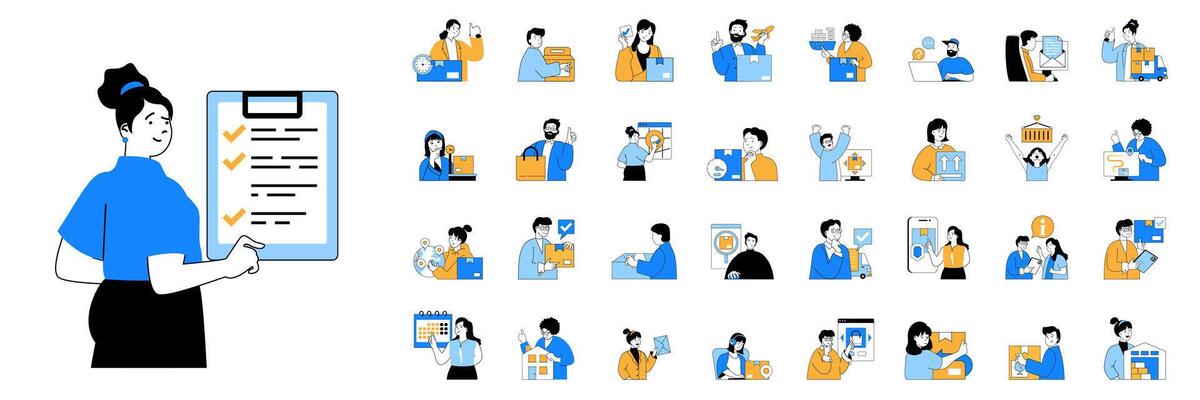 Delivery concept with people situations mega set in flat web design. Bundle scenes of global logistic management, shipping parcels. Vector illustrations for social media banner, marketing material.