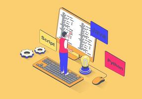 Programming concept in 3d isometric design. Man working with code, coding Python language, writes scripts, develops software and apps. Vector illustration with isometry people scene for web graphic