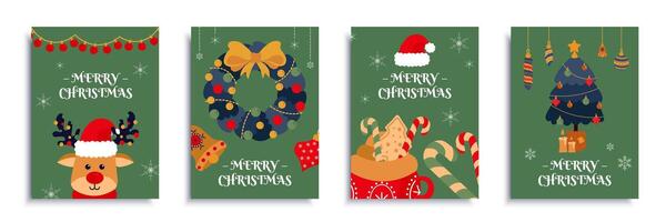 Merry Christmas 2024 cover brochure set in flat design. Poster templates with cute reindeer in Santa Claus hat, wreath with bow, tree with toys, lollipop, other New Year decor. Vector illustration.