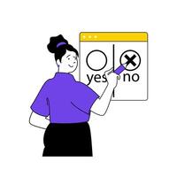 Online voting concept with cartoon people in flat design for web. Woman takes part in election, making decision with tick in vote form. Vector illustration for social media banner, marketing material.