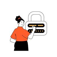 Cyber security concept with cartoon people in flat design for web. Woman using safety connect and filling security password from. Vector illustration for social media banner, marketing material.