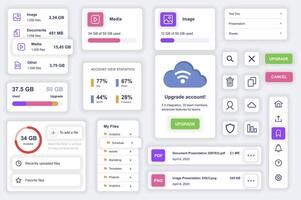 User interface elements set for cloud technology mobile app. Kit template with HUD diagrams, files management, storage system, content information. Pack of UI, UX, GUI screens. Vector components.