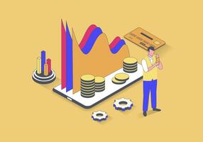 Finance concept in 3d isometric design. Man doing financial accounting and money management, analyzing data graphs and charts of account. Vector illustration with isometry people scene for web graphic