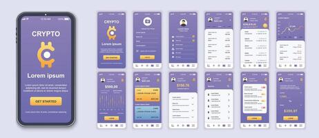 Crypto mobile app interface screens template set. Account login, earnings chart, profit balance, credit cards, stock statistics. Pack of UI, UX, GUI kit for application web layout. Vector design.