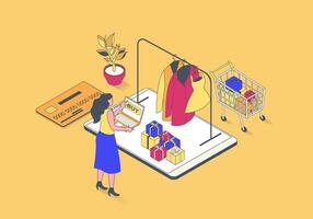 E-commerce concept in 3d isometric design. Woman making online shopping and ordering new goods in internet store with delivery at home. Vector illustration with isometry people scene for web graphic