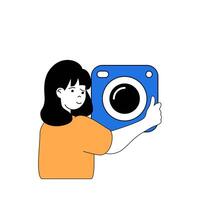 Travel concept with cartoon people in flat design for web. Woman with camera making lot og photos with memory moments from vacation. Vector illustration for social media banner, marketing material.