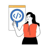 Programming concept with cartoon people in flat design for web. Woman works as programmer, researching software and fixing bugs. Vector illustration for social media banner, marketing material.