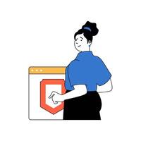 Programming concept with cartoon people in flat design for web. Woman works in online security agency, protecting from hacker attacks. Vector illustration for social media banner, marketing material.