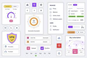 User interface elements set for cyber security mobile app. Kit template with HUD diagrams, vpn shield, connection information, download and upload data. Pack of UI, UX, GUI screens. Vector components.