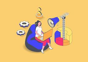 Marketing concept in 3d isometric design. Woman promoting business online, making digital advertising and communicating with clients. Vector illustration with isometry people scene for web graphic