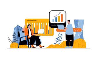 Business web concept with people in flat cartoon design. Colleagues making data analysis, discussing work tasks and brainstorming. Vector illustration for social media banner, marketing material.