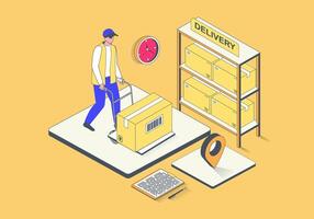 Delivery service concept in 3d isometric design. Man working in logistic company, loading parcel boxes at storage shelves in warehouse. Vector illustration with isometry people scene for web graphic