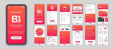 Banking mobile app interface screens template set. Online account, balance, financial management, currency exchange, navigation menu. Pack of UI, UX, GUI kit for application web layout. Vector design.