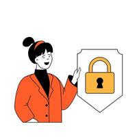 Cyber security concept with cartoon people in flat design for web. Woman uses security system with padlock access and safety key. Vector illustration for social media banner, marketing material.