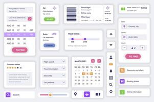 User interface elements set for booking mobile app. Kit template with HUD diagrams, airline ticket, boarding pass form, calendar, travel information. Pack of UI, UX, GUI screens. Vector components.