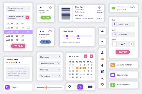 User interface elements set for booking mobile app. Kit template with HUD diagrams, airline ticket, boarding pass form, calendar, travel information. Pack of UI, UX, GUI screens. Vector components.