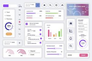 User interface elements set for data analysis mobile app. Kit template with HUD diagrams, statistic charts, financial report, credit card, performance. Pack of UI, UX, GUI screens. Vector components.