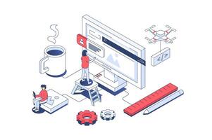 Website creating concept in 3d isometric design. Developers prototyping and coding, designing page layout and homepage user interface. Vector illustration with isometry people scene for web graphic