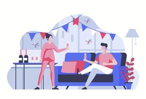 Home party concept with cartoon people in flat design for web. Woman and man celebrating holiday, drinks champagne in decorated room. Vector illustration for social media banner, marketing material.
