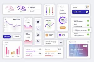 User interface elements set for finance mobile app. Kit template with HUD diagrams, deposit or credit information, money analytics, balance, account. Pack of UI, UX, GUI screens. Vector components.