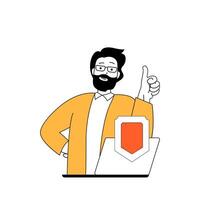 Cyber security concept with cartoon people in flat design for web. Man protecting digital data at laptop with shield safety system. Vector illustration for social media banner, marketing material.